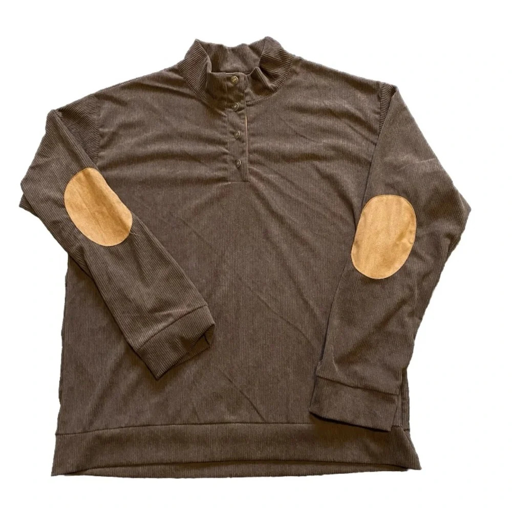 NWOT Men Corduroy Pullover Colorblock 1/4 Button Sweatshirt Dark Brown 2XL